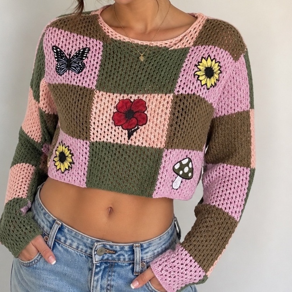 Thorn & Fable Checkered Crochet‎ Cropped Sweater Pink Green Mushroom Patche v3